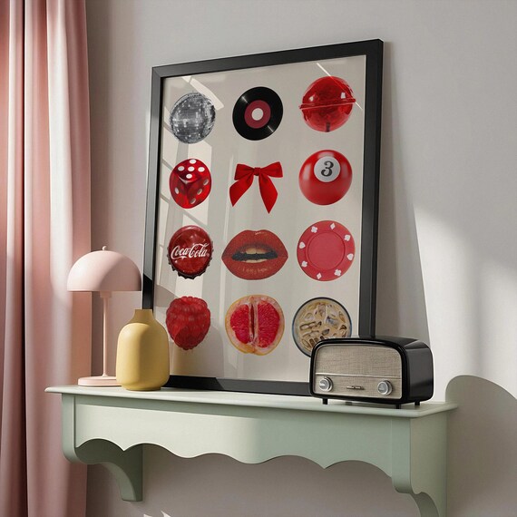 Red Wall Art Bold Pop Culture Collage Retro Disco Poster Playful Vinyl Dice Fruit Lips