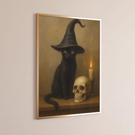 Black Cat Witch Hat Vintage Halloween Print Skull Candle Gothic Wall Art Dark Academia Witchy Decor