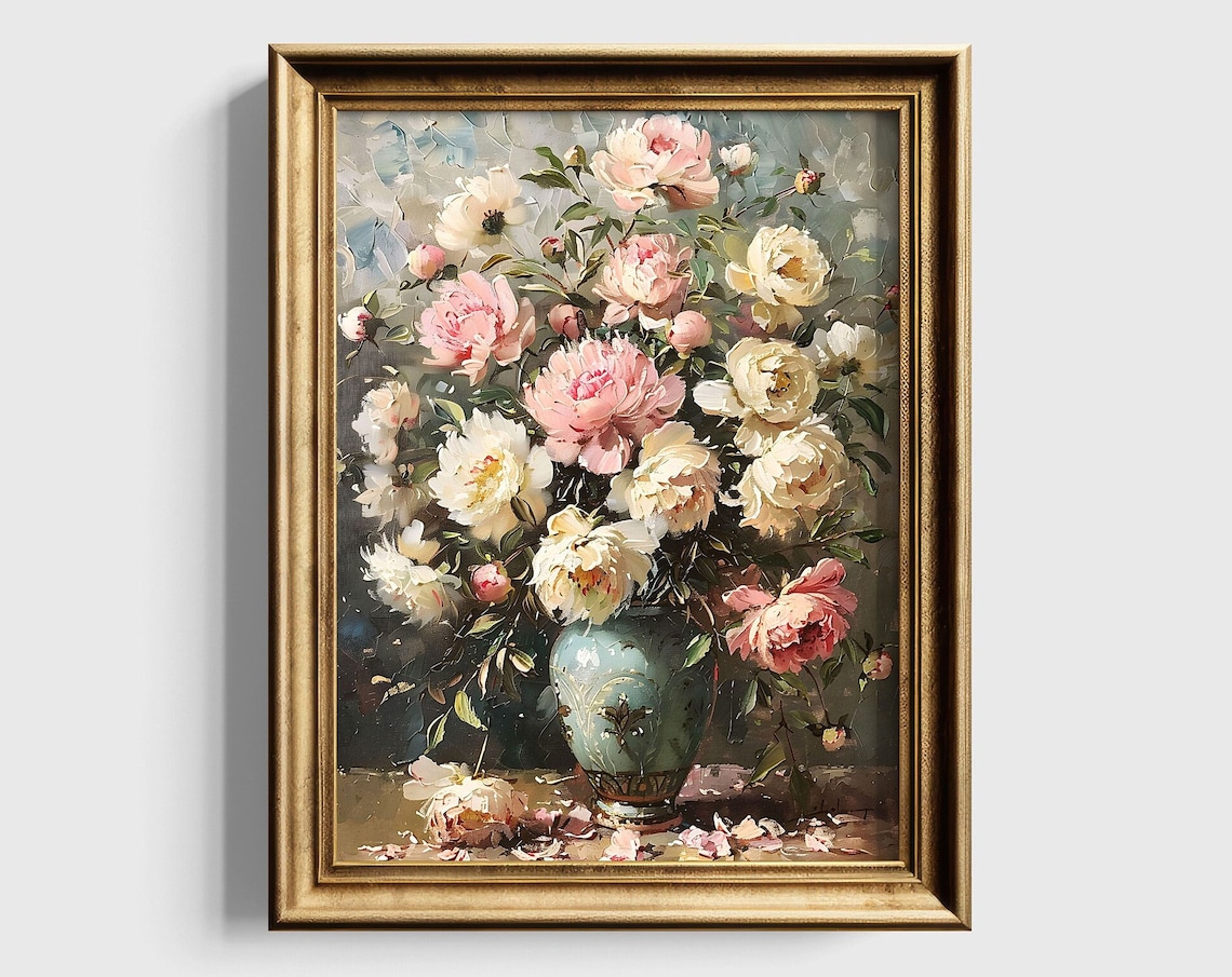 Pink Peonies in Turquoise Vase Vintage Floral Painting Poster