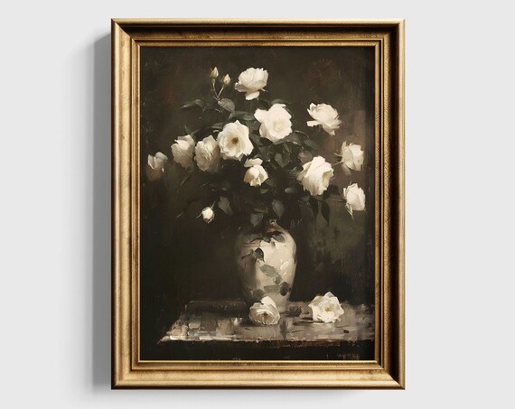 Moody Flower Painting Muted Roses Print Dark Floral Wall Art Dark Academia Room Decor Flower Art Victorian Art Print