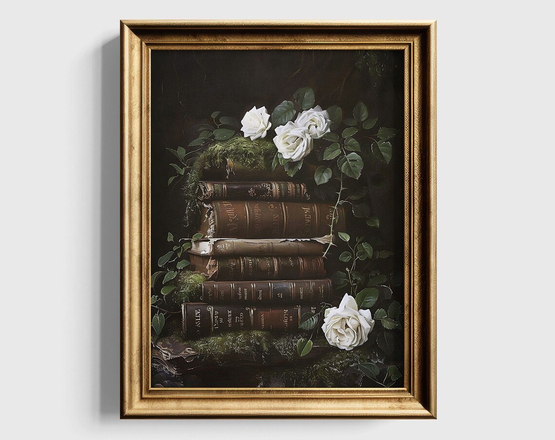 Moss Covered Vintage Book Stack With White Roses Dark Academia Poster