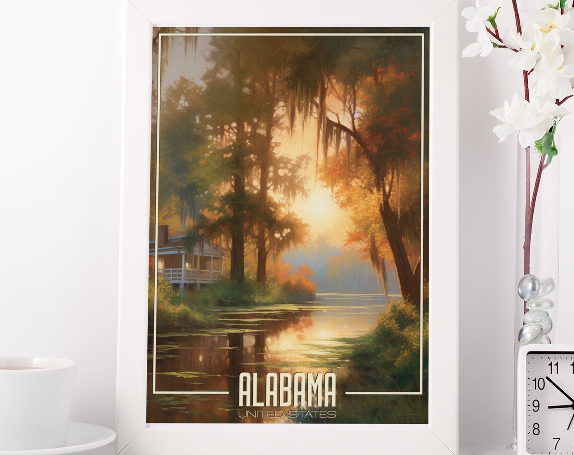 Alabama United States Cypress Swamp Sunset Bayou Travel Art Poster