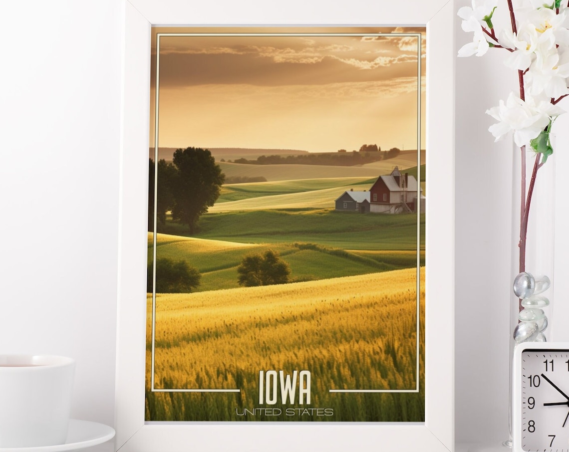 Iowa United States Golden Wheat Fields Red Barn Farm Sunset Poster