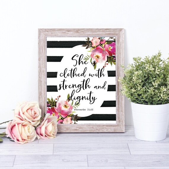 Bible Verse Wall Art She Is Clothed With Strength And Dignity Print Christian Proverbs 31 Mom Daughter Gifts