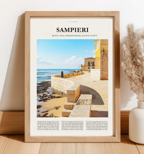 Vintage Coastal Italy Poster Sampieri Seaside Village Wall Art Sunlit Mediterranean Print Nostalgic Italian Home Decor