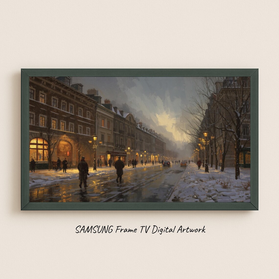 Evening Snowfall Winter City Street Lights Oil Painting Poster