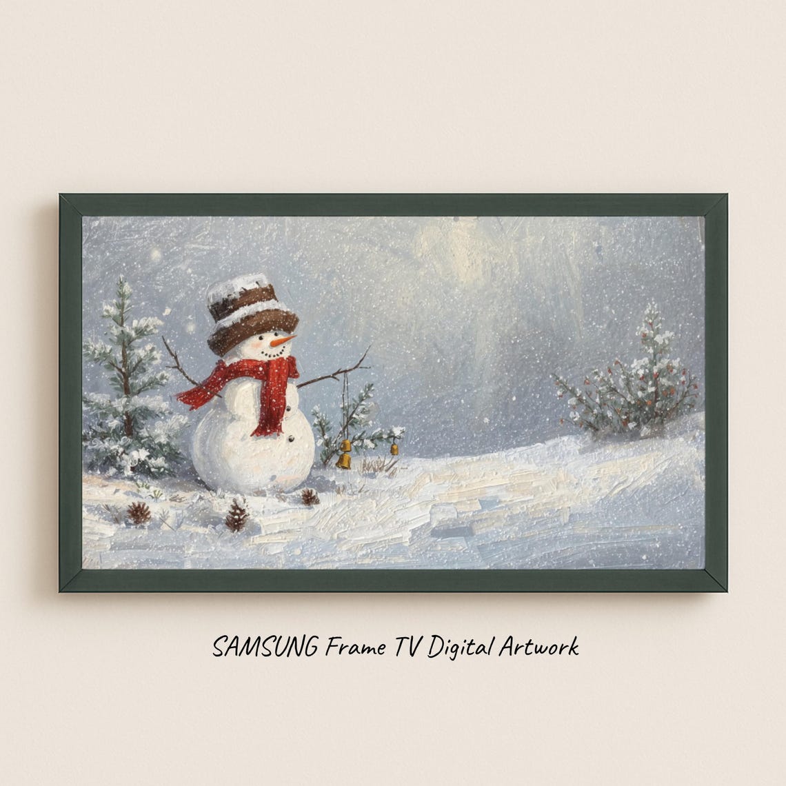 Cute Smiling Snowman Red Scarf Snowy Meadow Winter Scene Poster