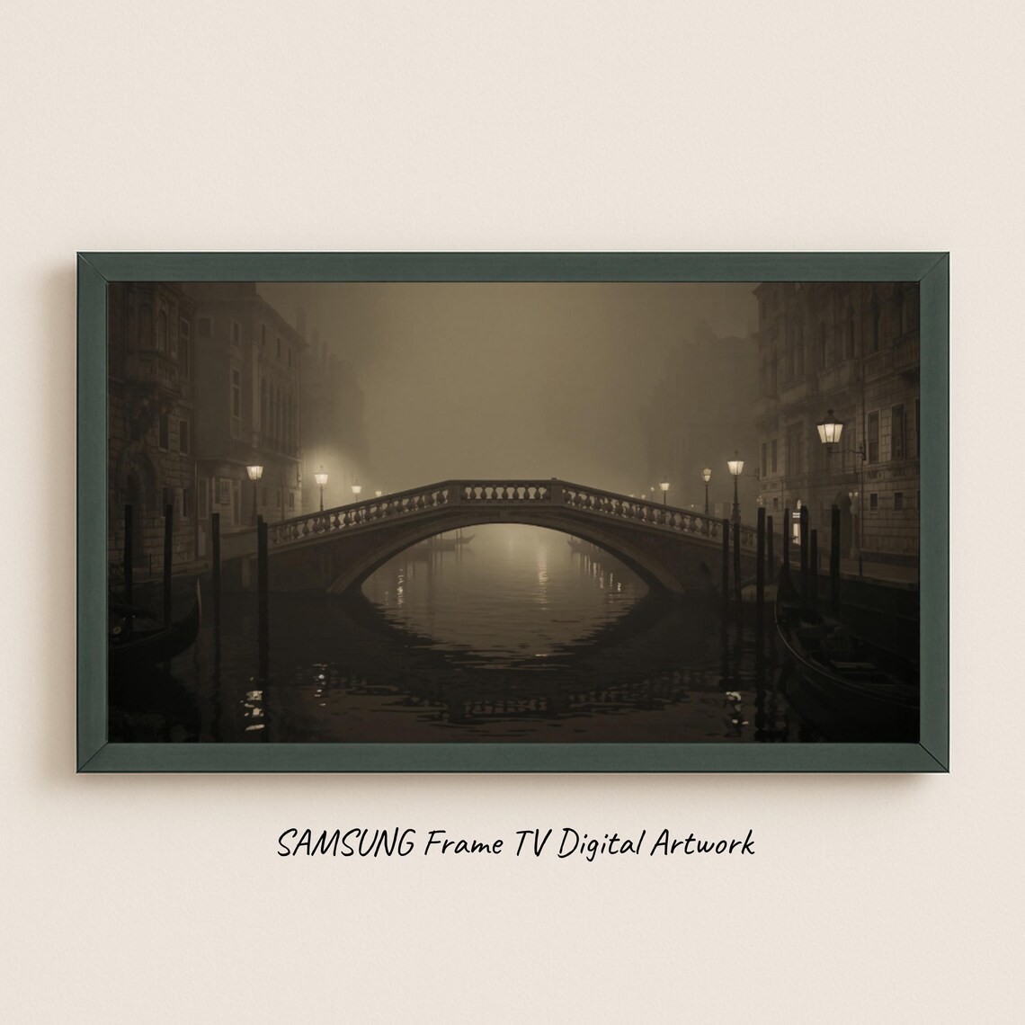 Misty Old Town Canal At Night Bridge Moody Painting Print Decor