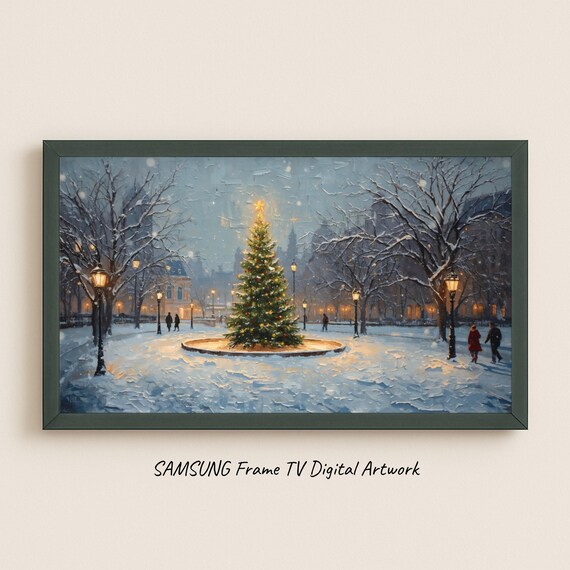 Holiday Christmas Evening Snowy Park Lit Tree Winter Scene Poster