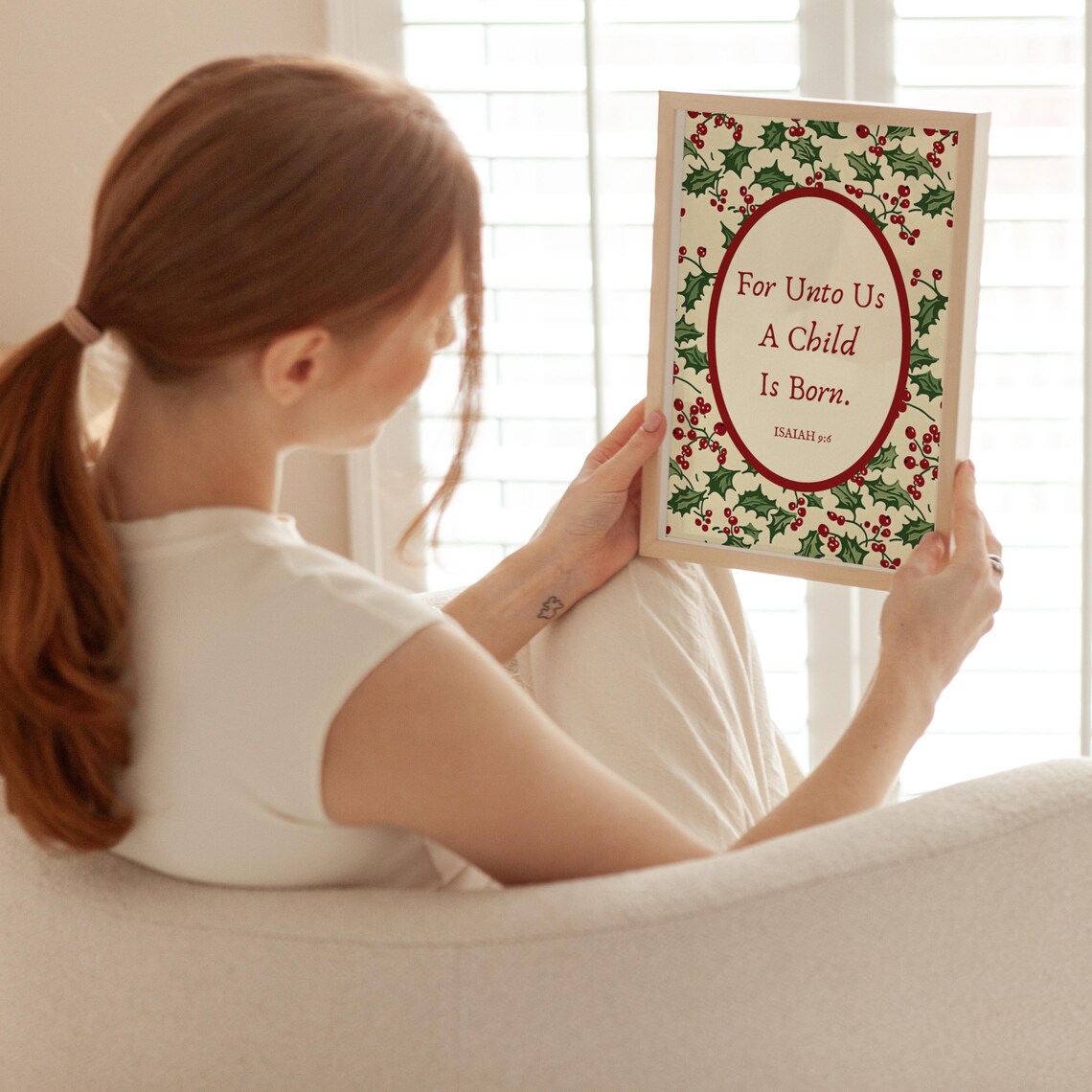 For Unto Us A Child Is Born Isaiah 9:6 Holly Berry Border Poster - Image 4