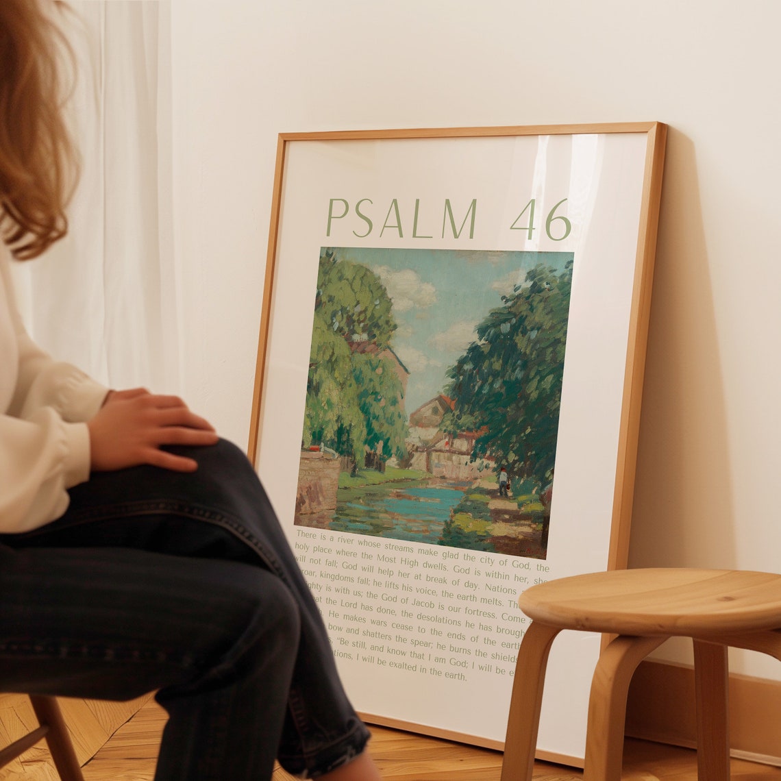 Psalm 46 Vintage River Town Painting Be Still Scripture Poster - Image 3