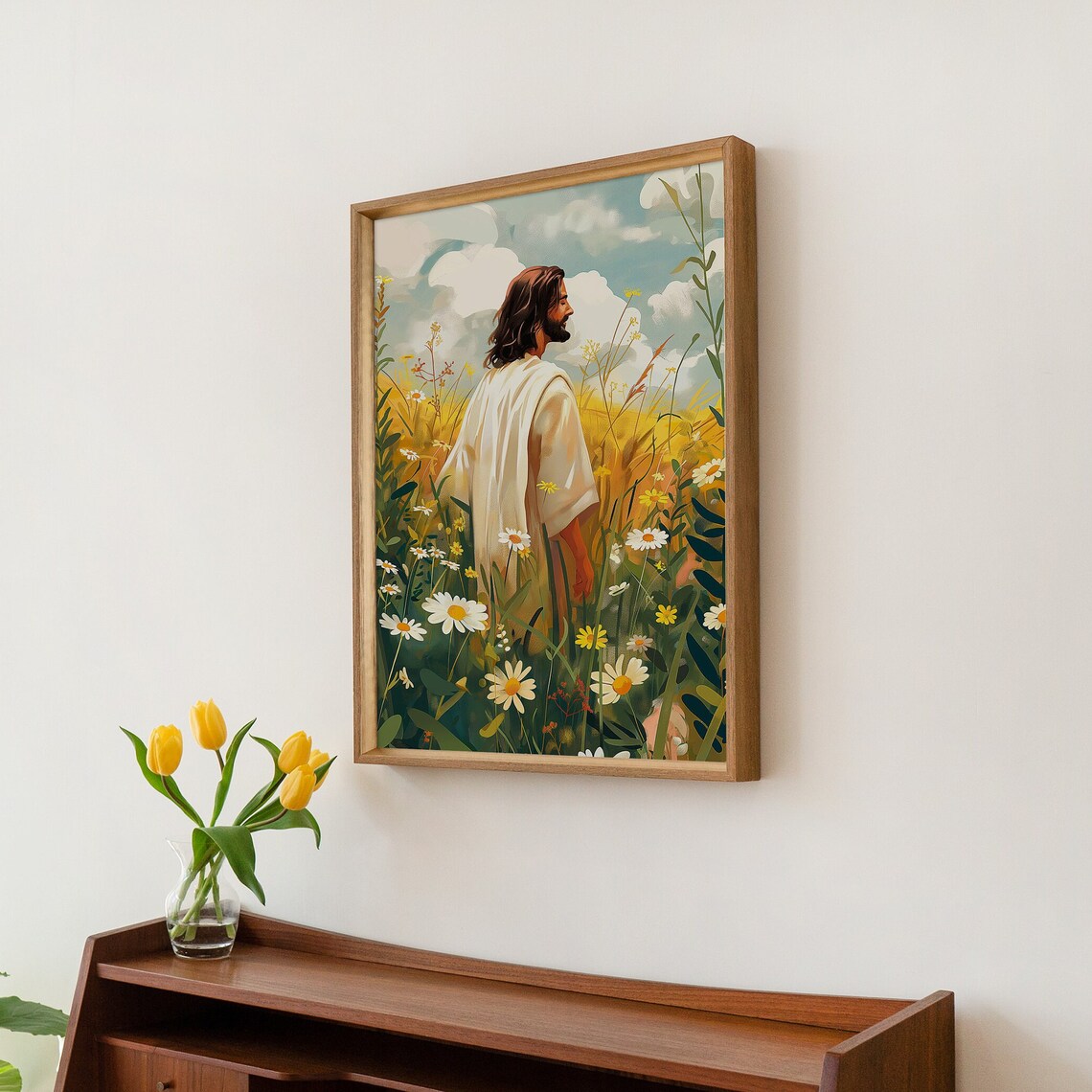 Jesus Walking In A Daisy Field Wildflower Meadow Painting Print - Image 2