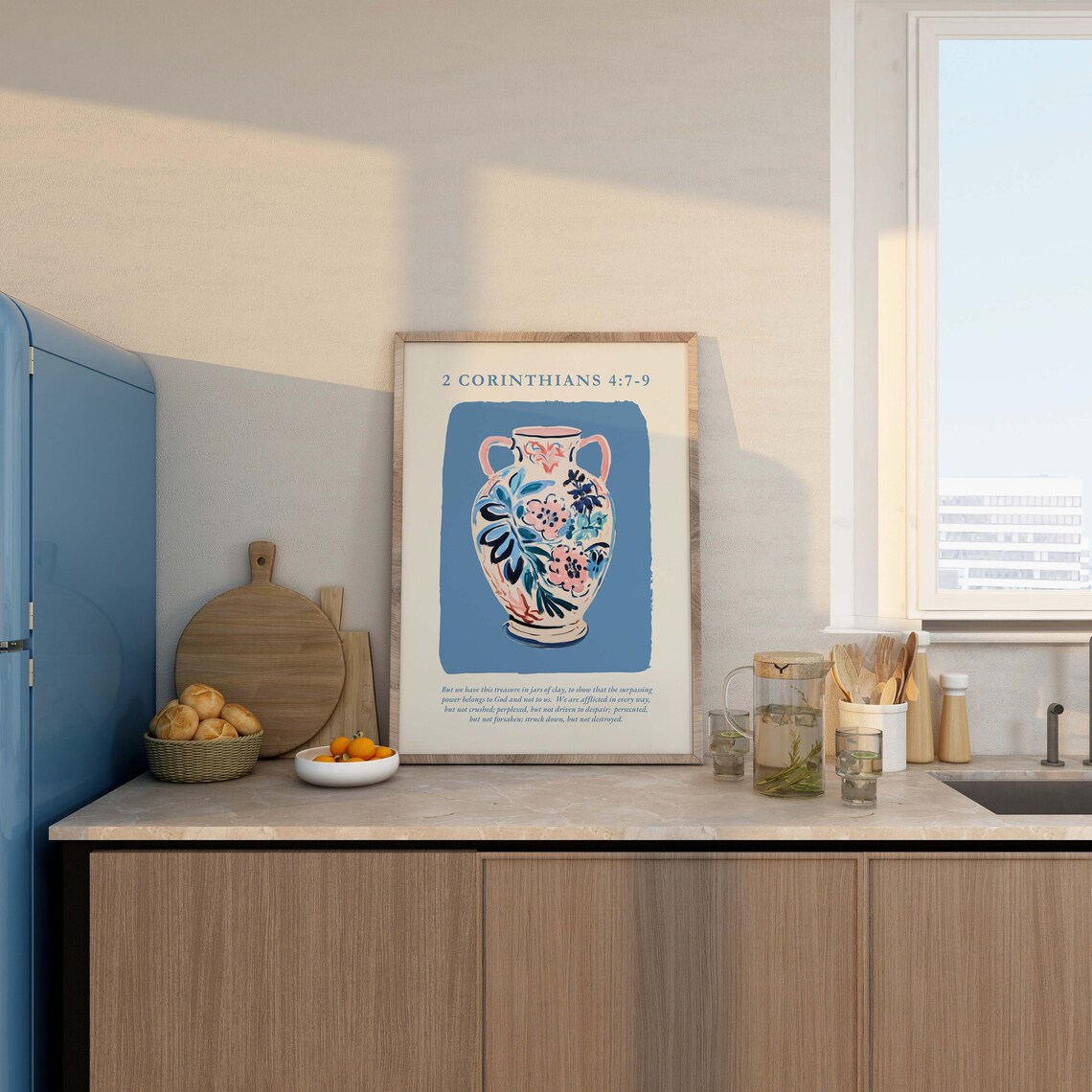 2 Corinthians 4:7-9 Floral Vase Watercolor Blue Jars of Clay Verse Poster - Image 3