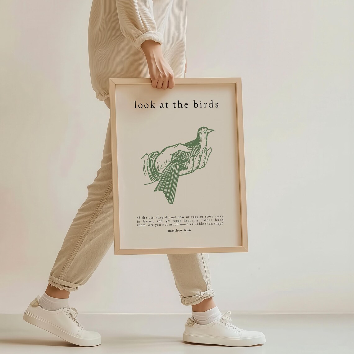 Look At the Birds Matthew 6:26 Green Bird In Hand Vintage Poster - Image 2