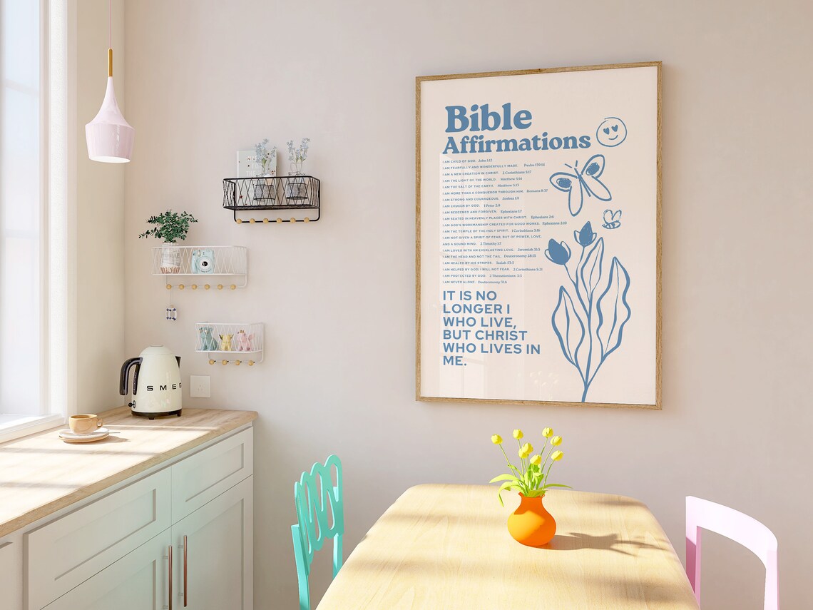 Bible Affirmations Blue Scripture List Smiley Butterfly Doodle Faith Poster - Image 2