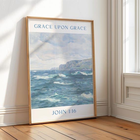 Grace Upon Grace Christian Wall Art Coastal Granddaughter Prints Bible Verse Decor Dorm Room Prints Blue Wall Art Art