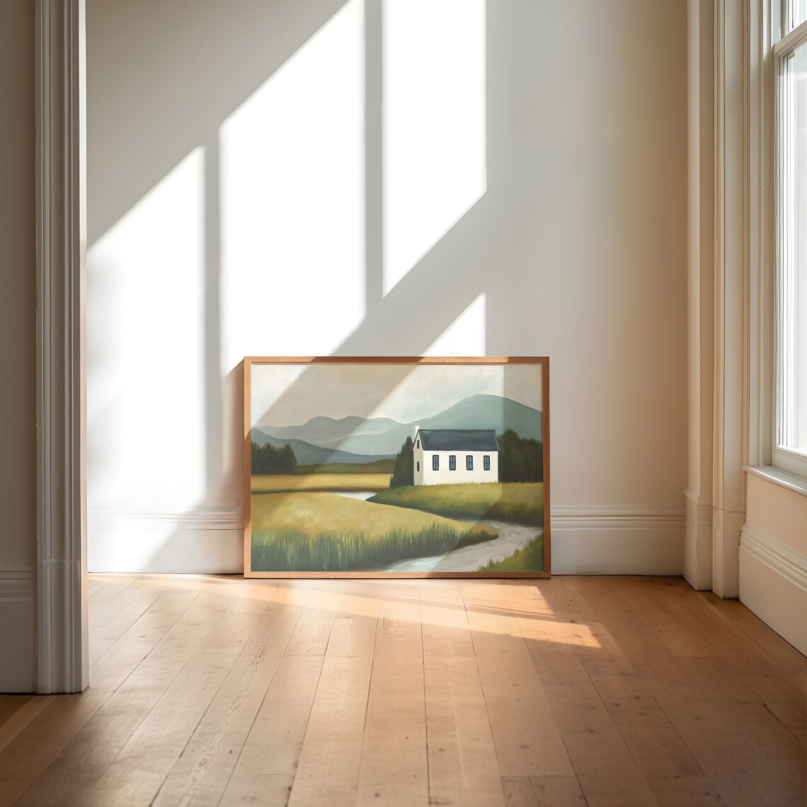 Vintage Farmhouse Landscape White Cottage River Mountains Art Print - Image 4