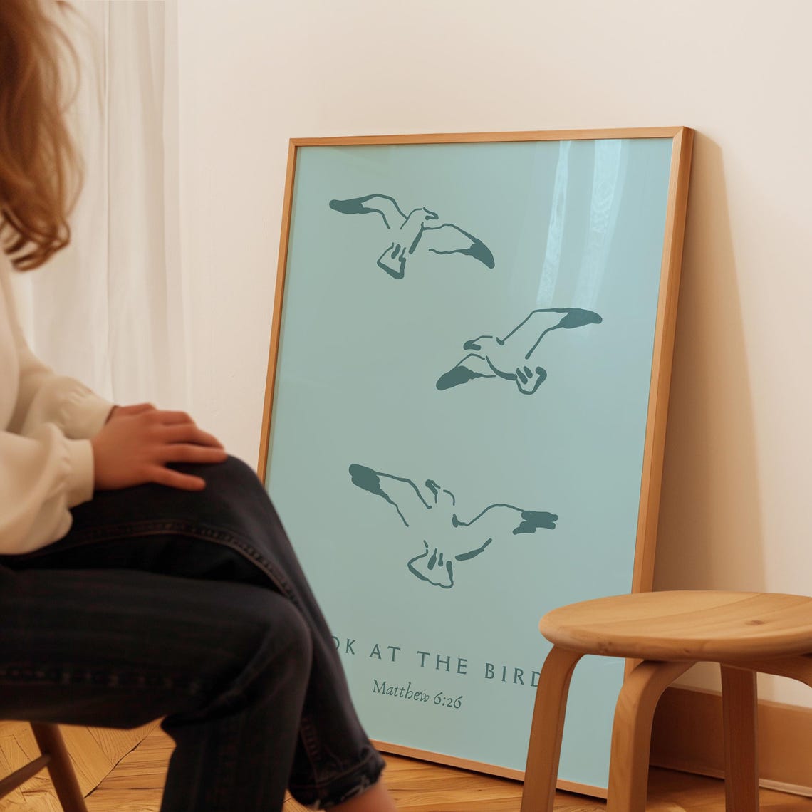 Look At The Birds Matthew 6 26 Sky Blue Seagull Coastal Verse Poster - Image 3