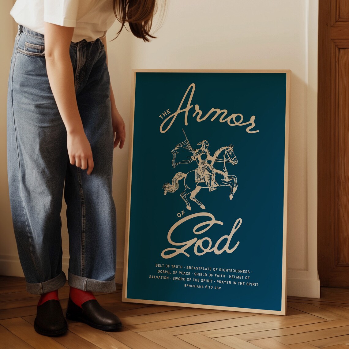 The Armor Of God Navy Blue Script Knight Horse Christian Bible Poster - Image 3