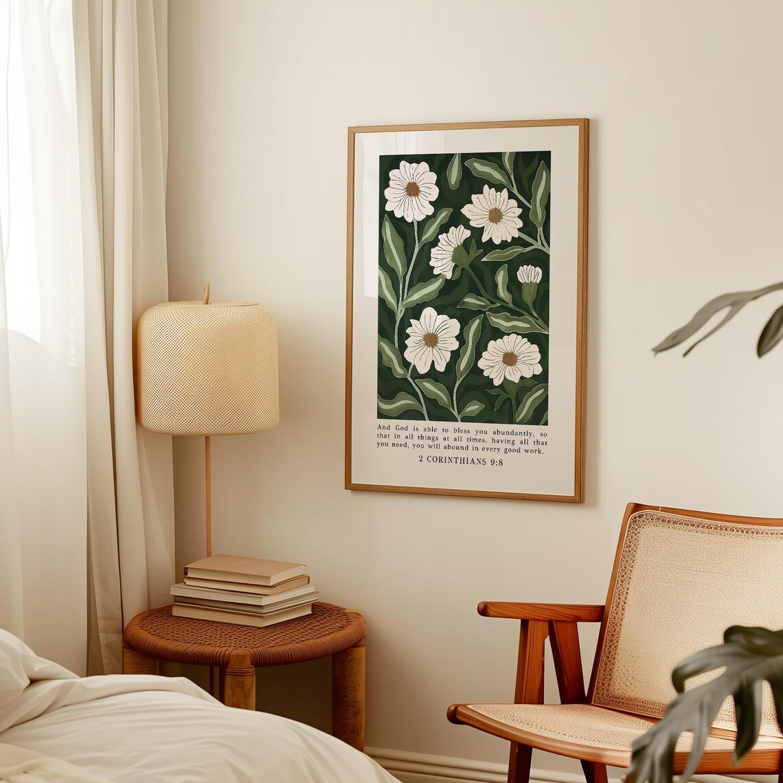 2 Corinthians 9 8 White Daisy Floral Dark Green Botanical Bible Verse Poster - Image 2