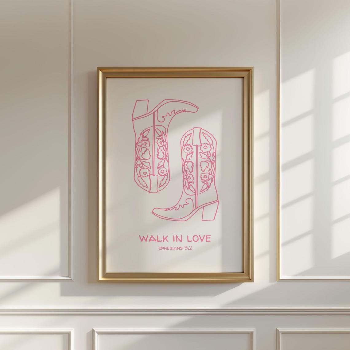 Walk In Love Ephesians 5:2 Pink Cowboy Boots Line Art Poster - Image 3