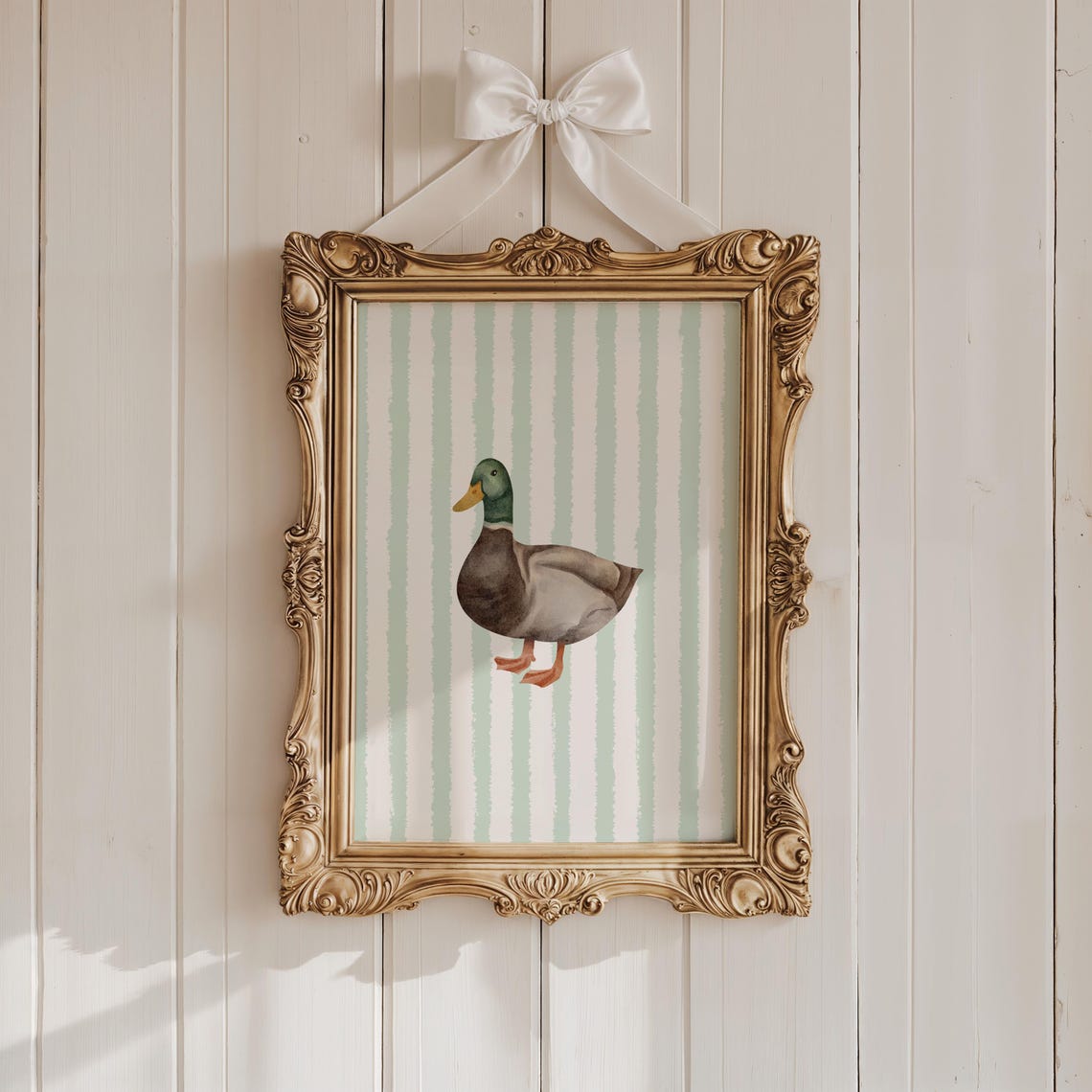 Watercolor Mallard Duck Sage Green Striped Farmhouse Nursery Poster - Image 4