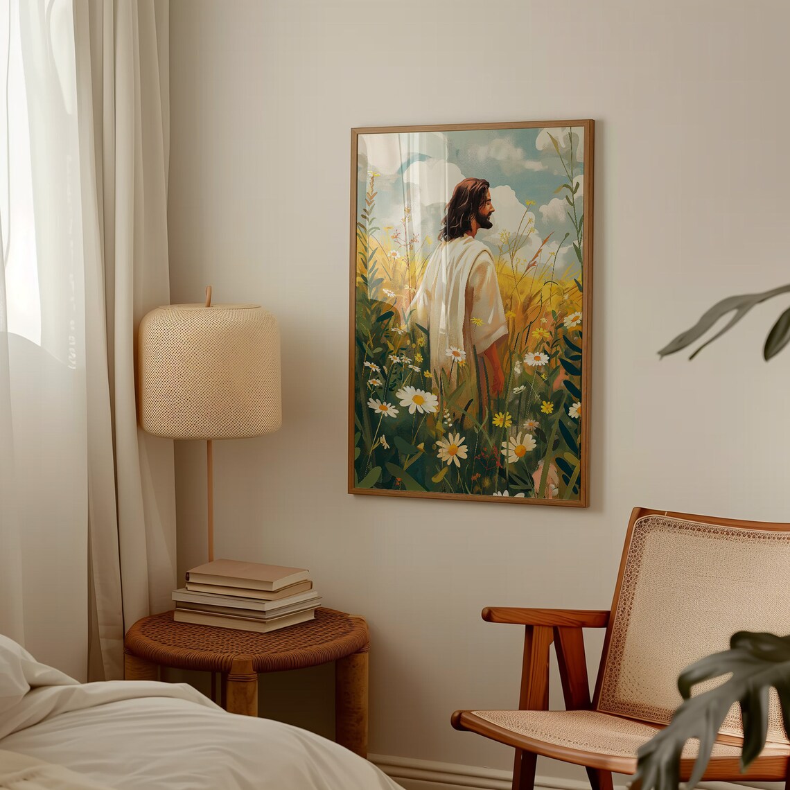 Jesus Walking In A Daisy Field Wildflower Meadow Painting Print - Image 4