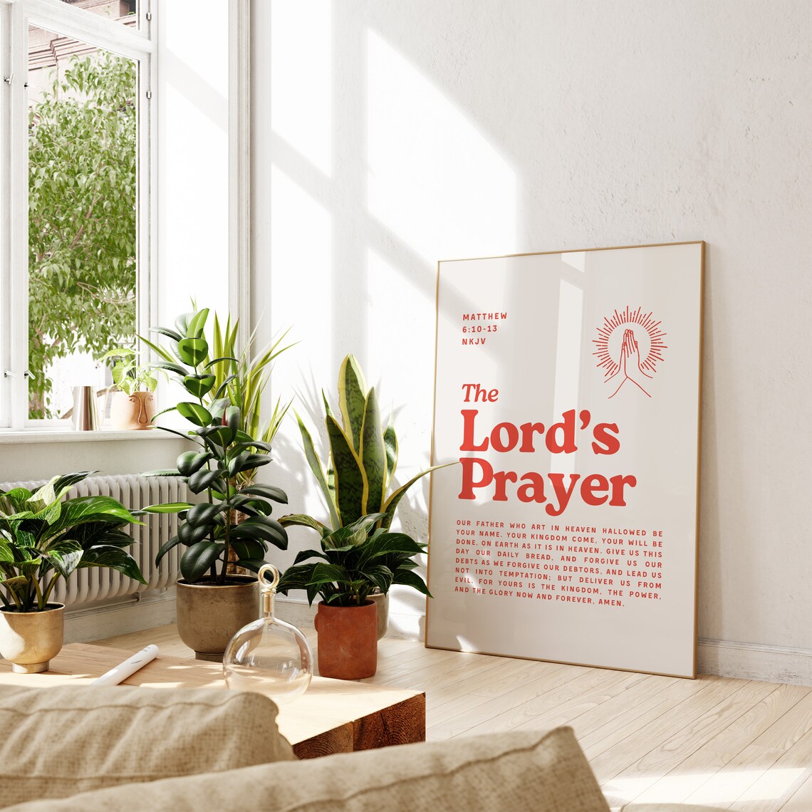 The Lords Prayer Matthew 6 10 13 Red Retro Praying Hands Christian Wall Poster - Image 4