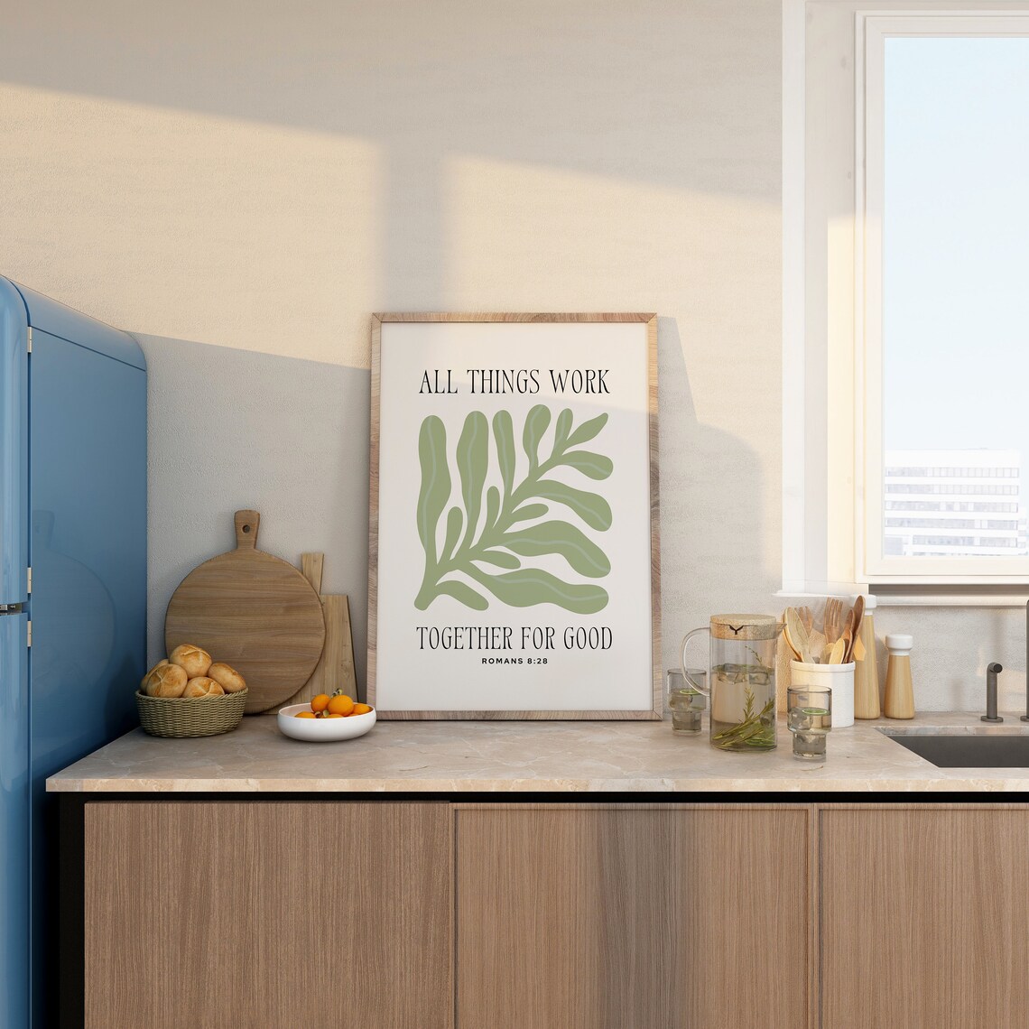 Romans 8:28 All Things Work Together for Good Sage Leaf Art Poster - Image 4