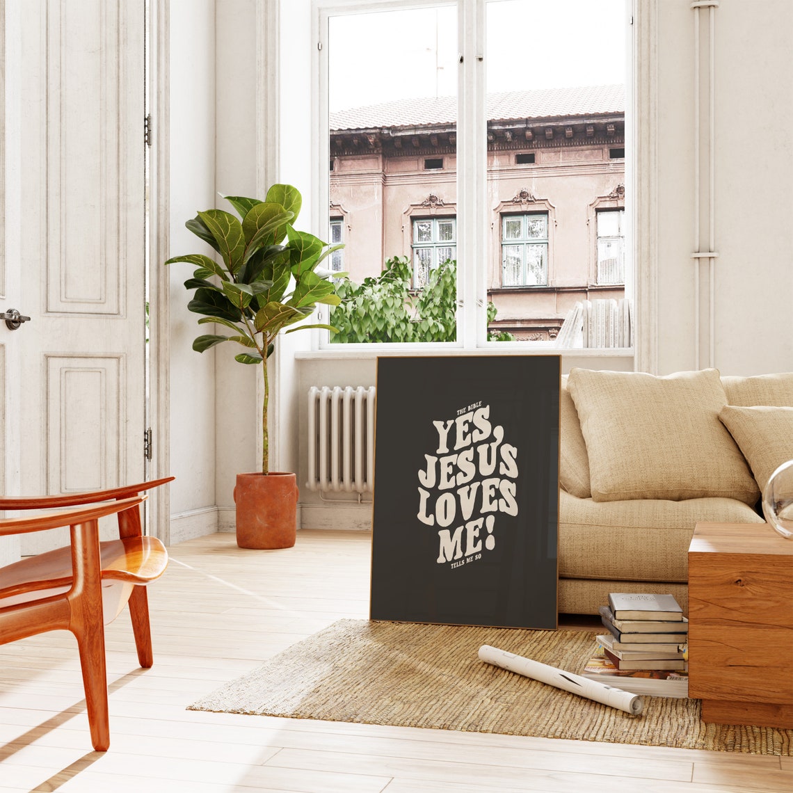 Yes Jesus Loves Me Retro Wavy Type Charcoal Christian Poster - Image 3