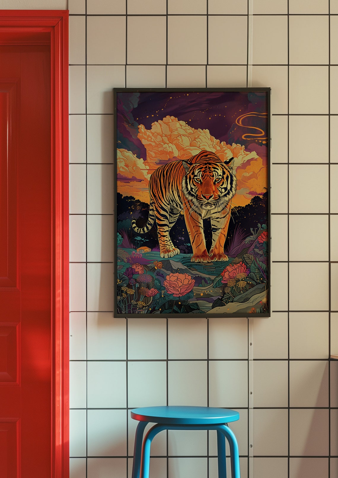 Tiger Walking Through a Vibrant Night Jungle with Flowers Poster - Image 4