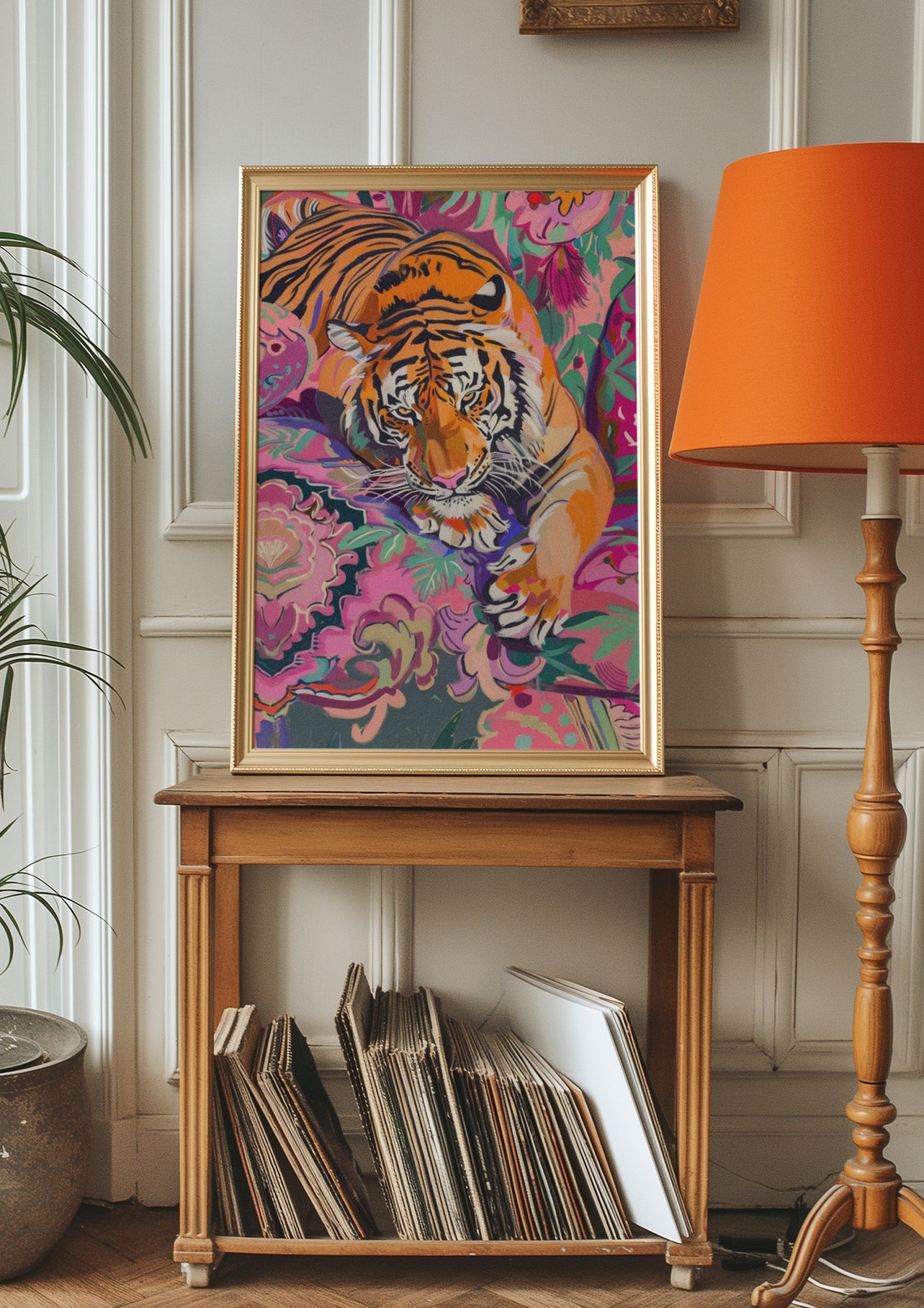 Orange Tiger Resting Among Pink Flowers Maximalist Art Print - Image 2