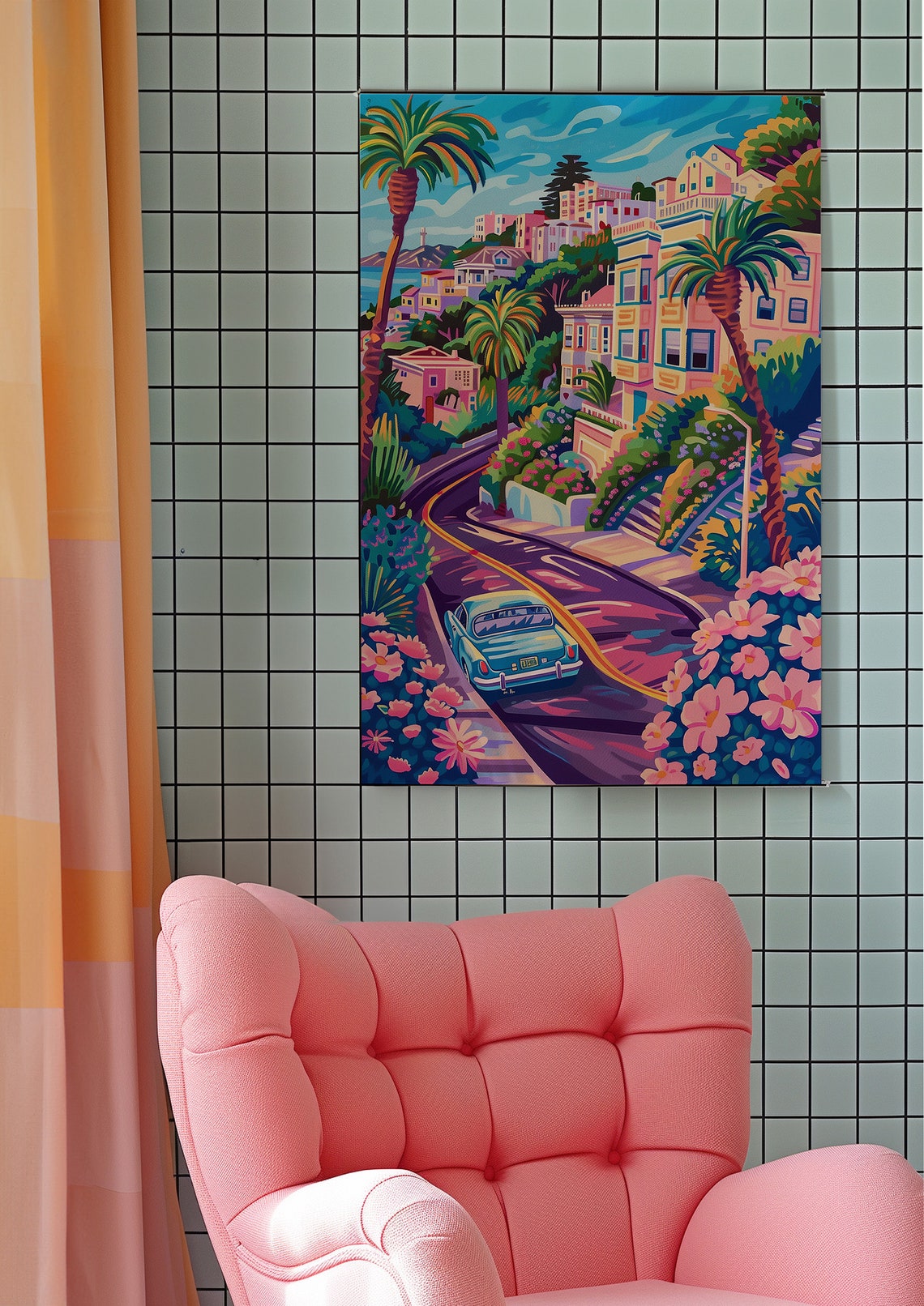 San Francisco Winding Hill Road Classic Teal Car Floral Travel Poster - Image 5