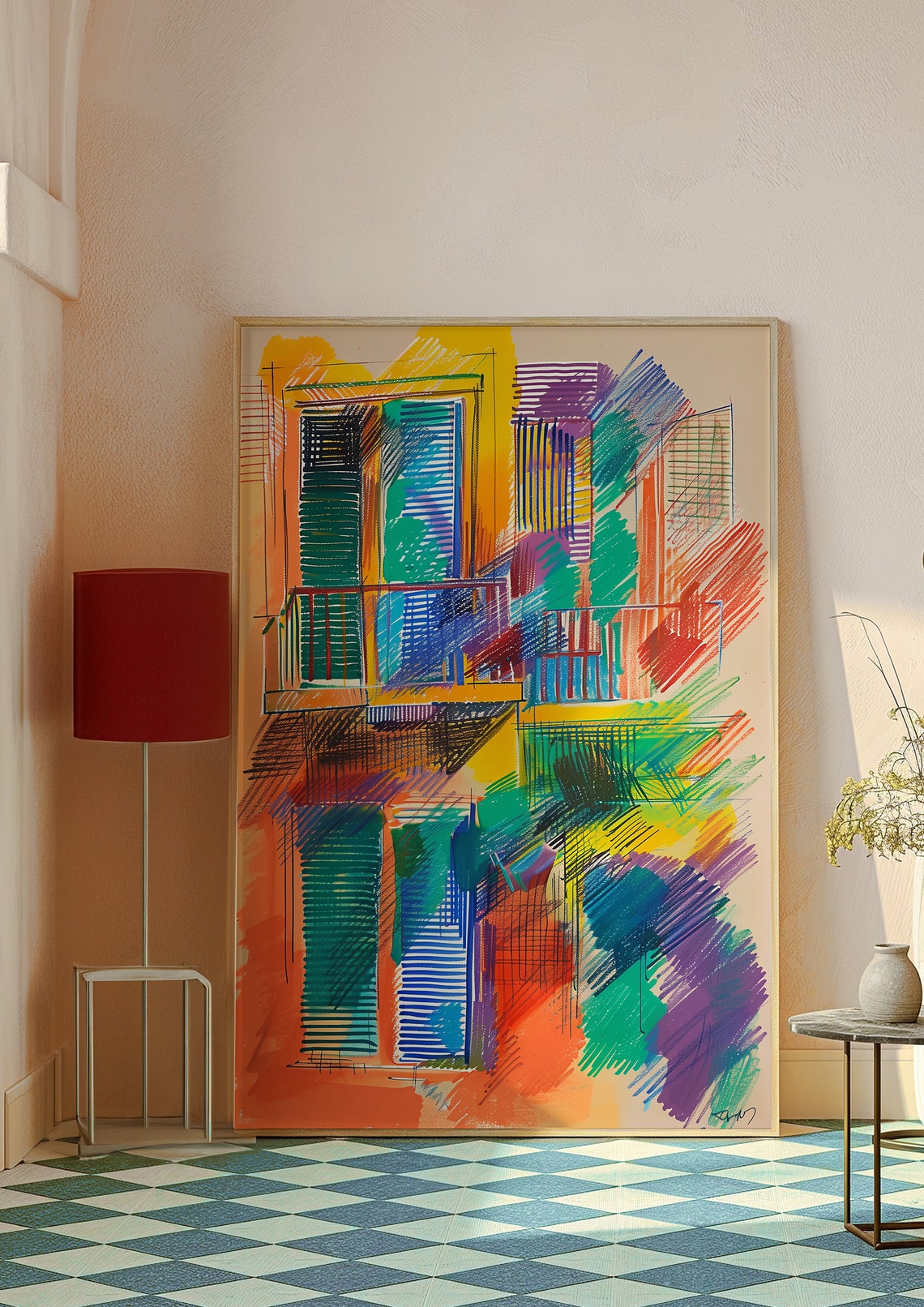 Vibrant Architectural Balcony Facade Sketch Colorful Modern Poster - Image 6