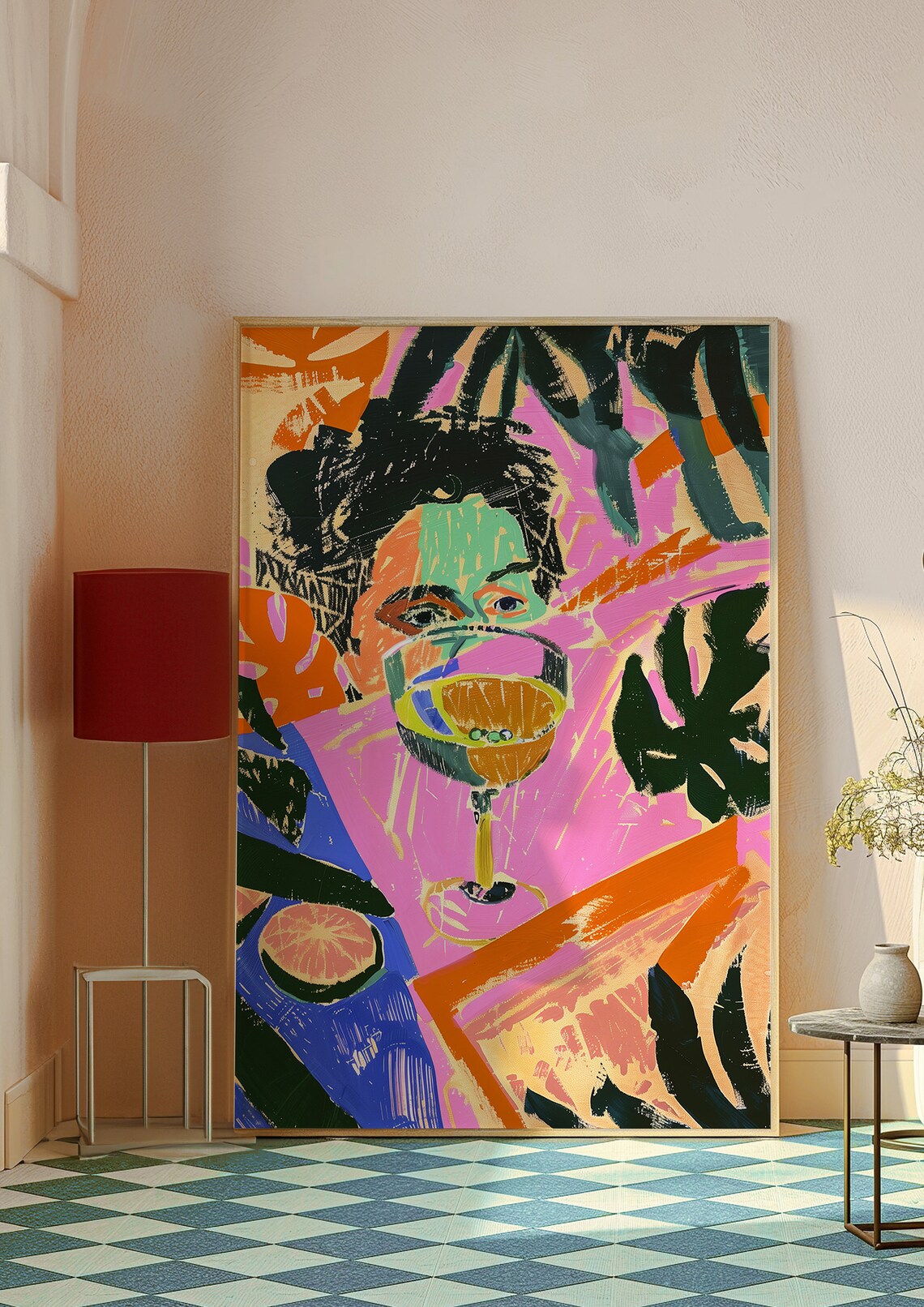 Woman Behind Martini Glass Tropical Leaves Pink Pop Art Style Poster - Image 7