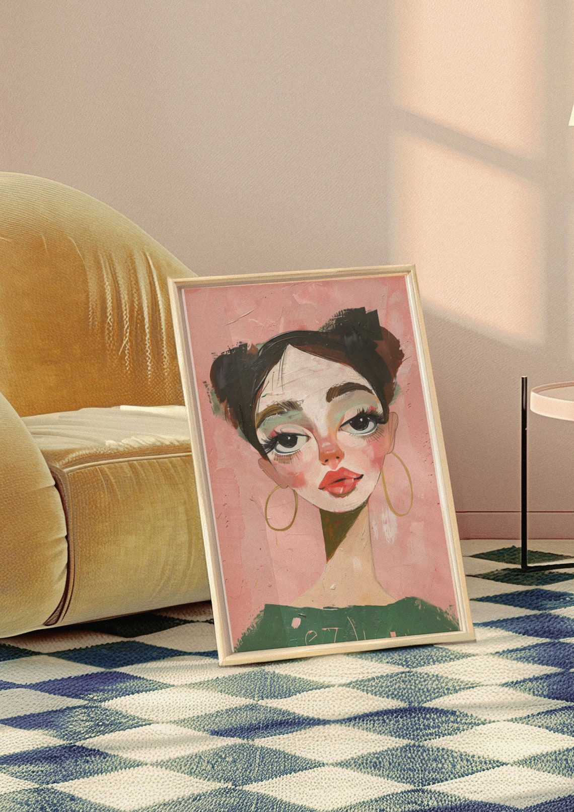 Whimsical Woman Portrait with Gold Hoop Earrings on Pink Poster - Image 3