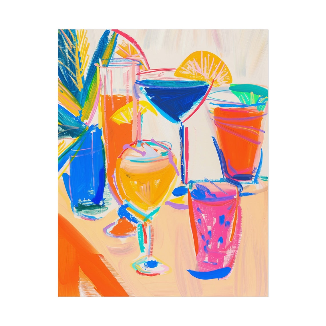 Blue Orange Pink Cocktail Glasses Table Scene Modern Bar Poster - Image 3