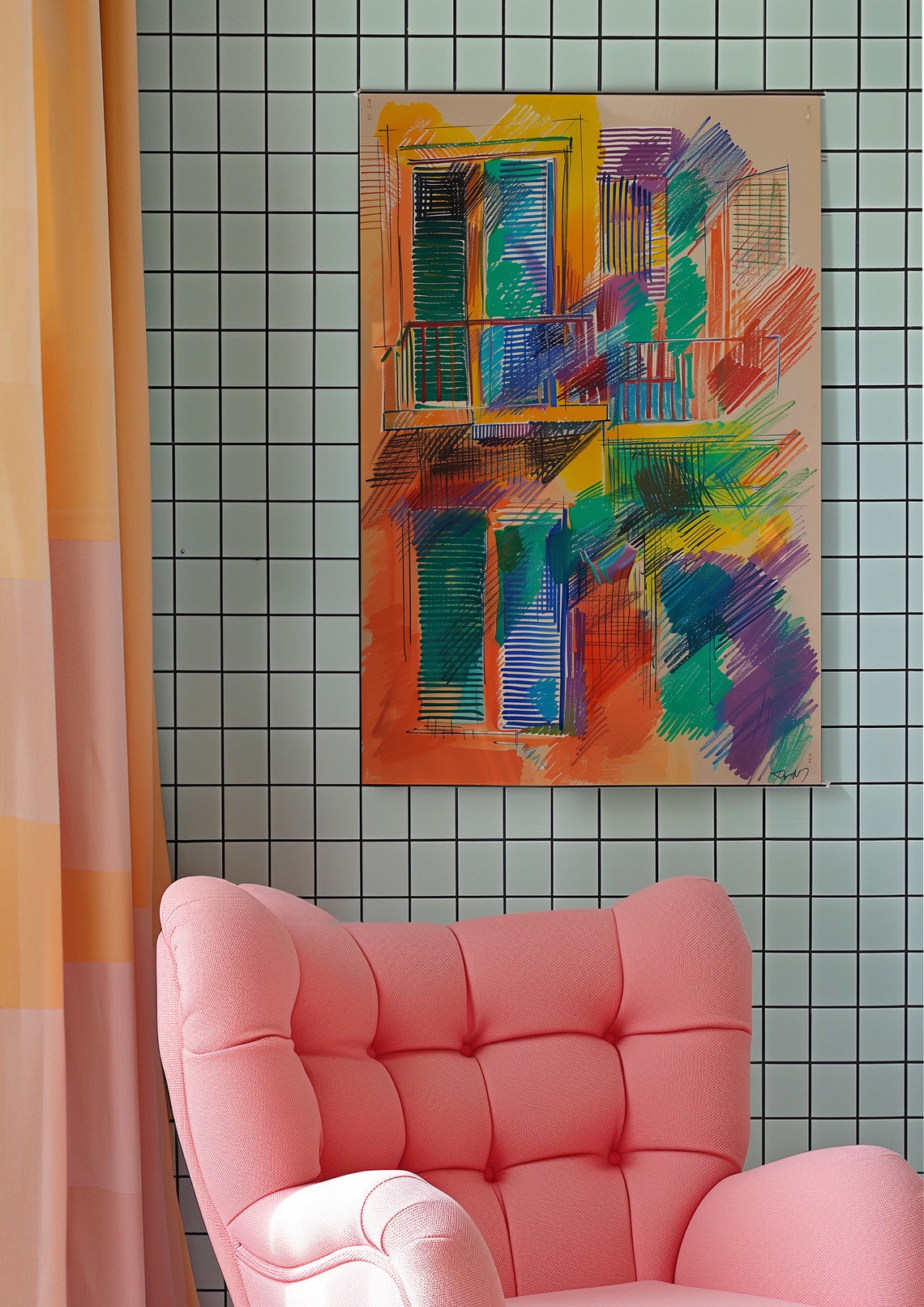Vibrant Architectural Balcony Facade Sketch Colorful Modern Poster - Image 7