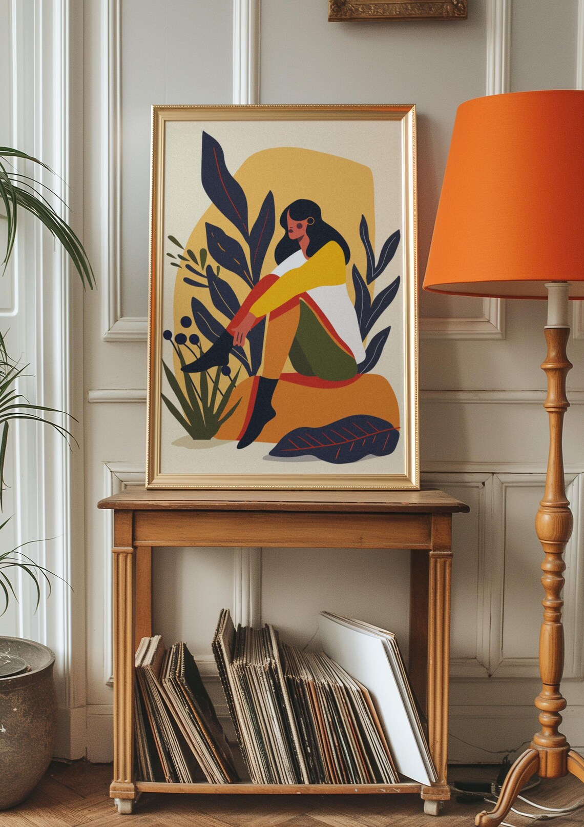 Seated Woman Among Bold Botanical Leaves Boho Nature Illustration Poster - Image 9
