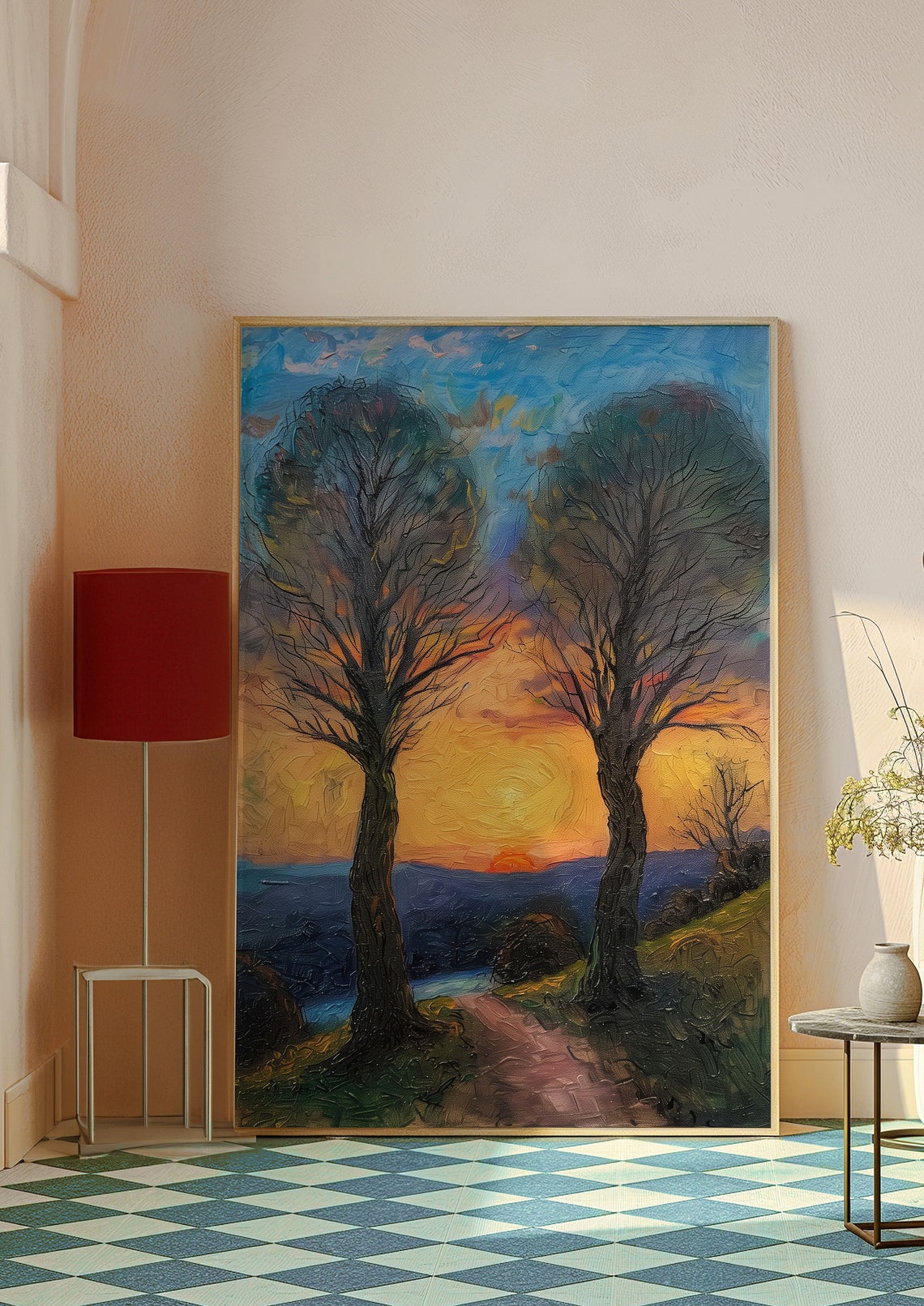 Sunset Two Trees Silhouette Landscape Poster In Impressionist Oil - Image 8