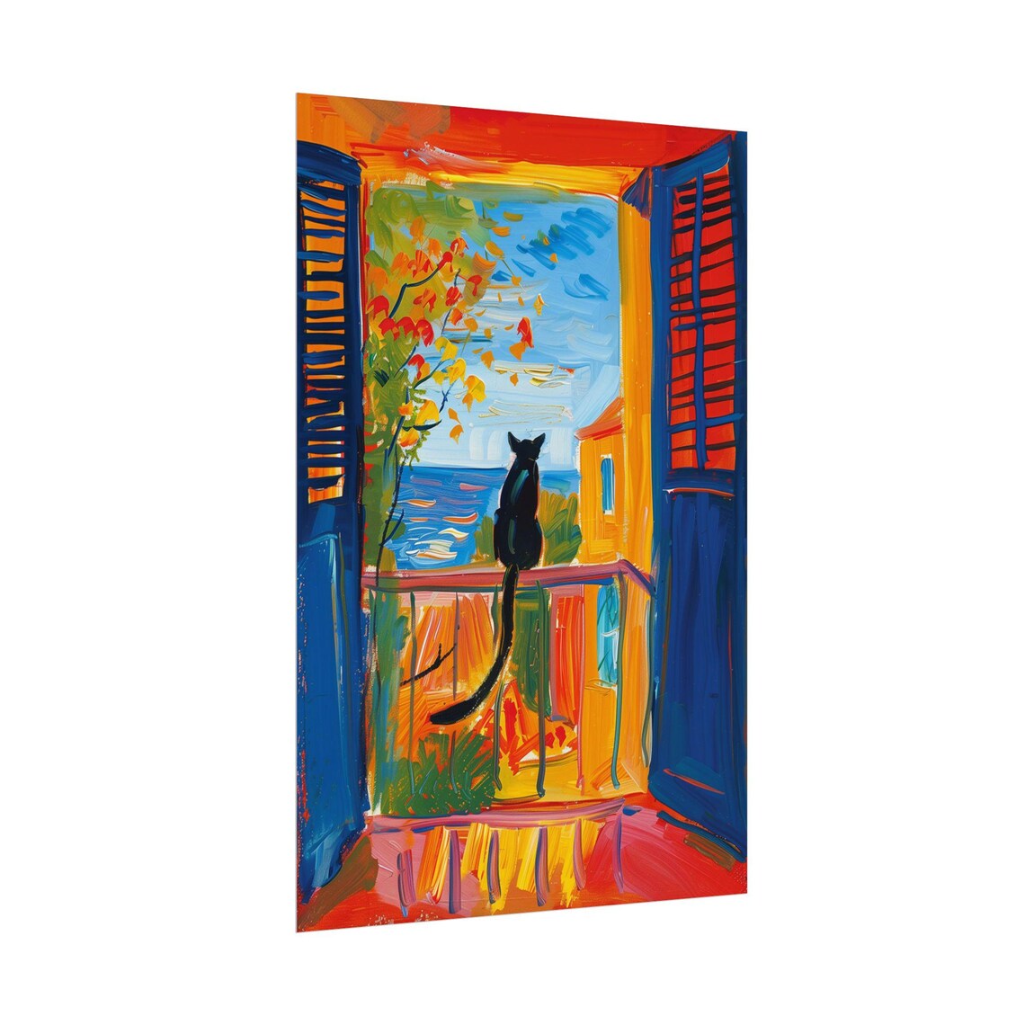Cat on Balcony, Mediterranean Landscape Art Print - Image 2