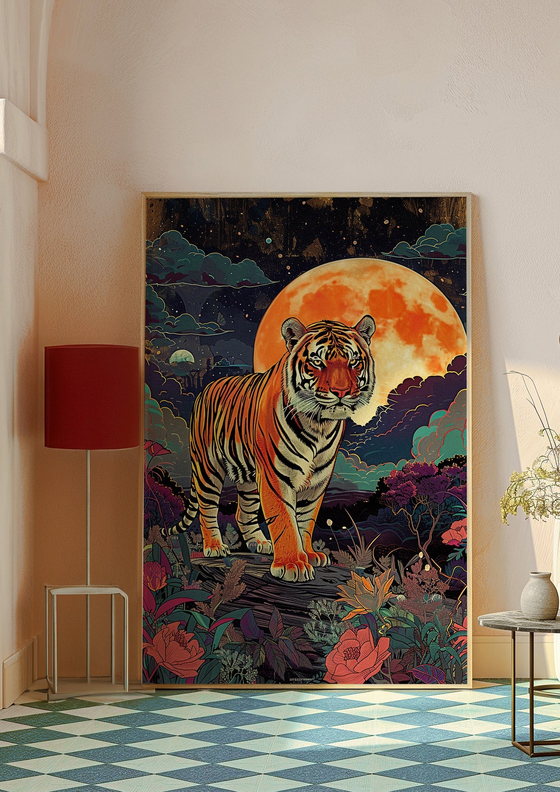 Tiger Standing Under Giant Moon Poster In Night Jungle Garden - Image 7