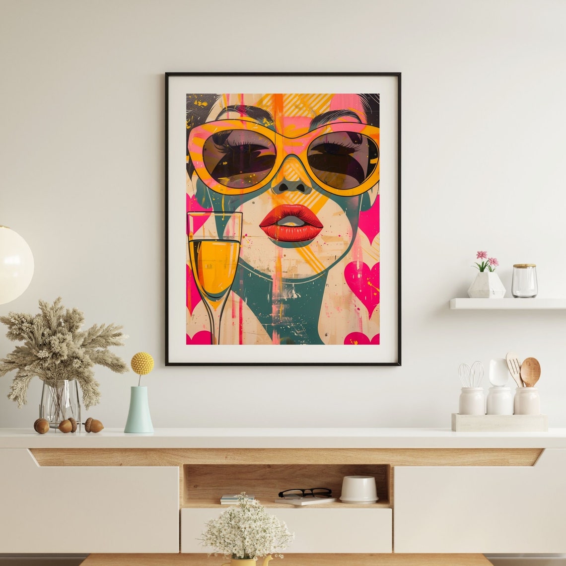 Pop Art Woman With Sunglasses And Cocktail Poster In Pink Hearts - Image 9