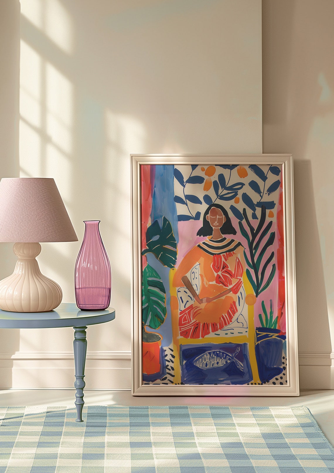 Seated Woman in a Vivid Orange Dress Among Tropical Plants Poster - Image 8