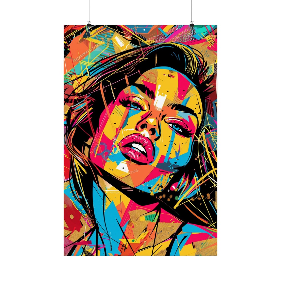 Neon Graffiti Woman Face Pop Art Poster With Paint Drip Details - Image 5