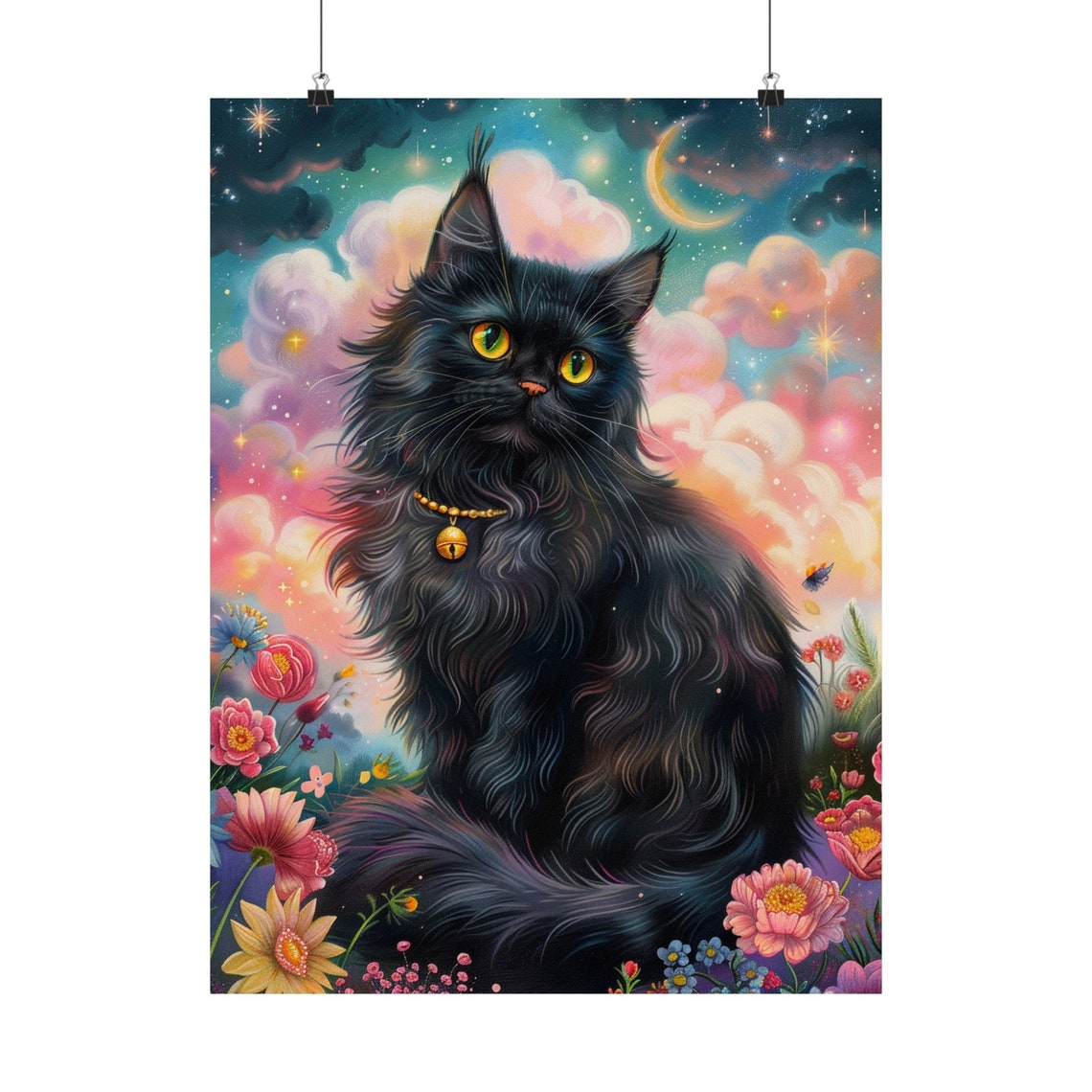 Sweet Fluffy Black Cat with Golden Eyes Among Night Flowers Poster - Image 6