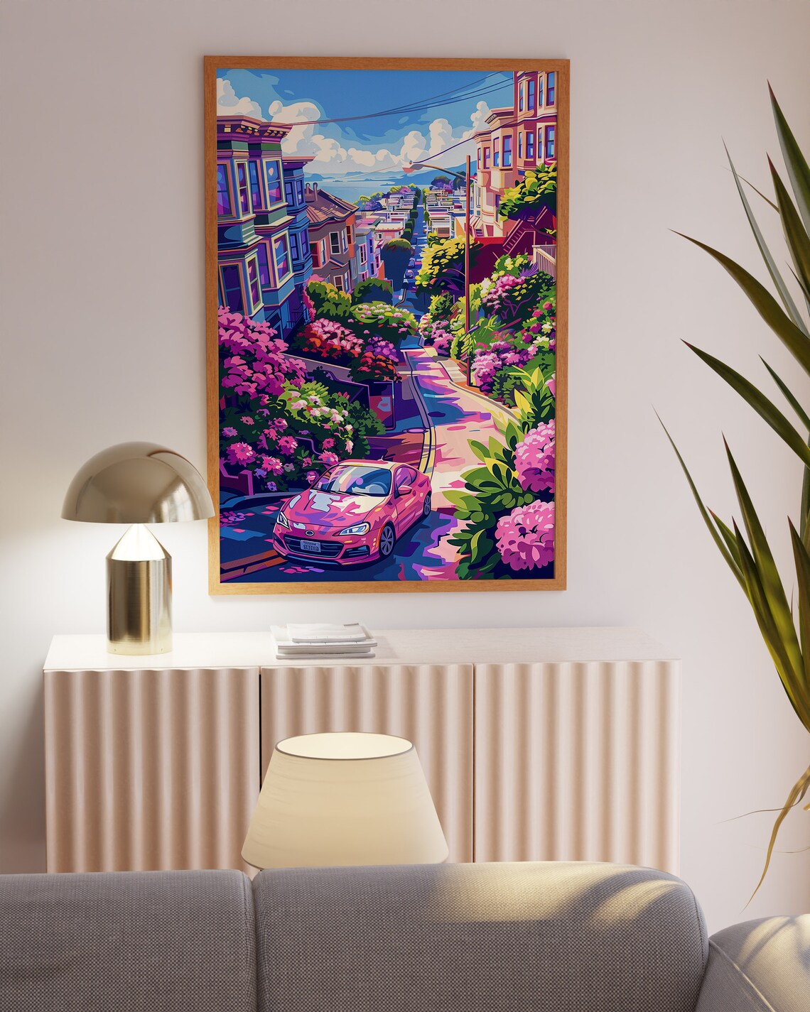 Joyful Hilly City Street with a Pink Car and Blooming Flowers Poster - Image 4