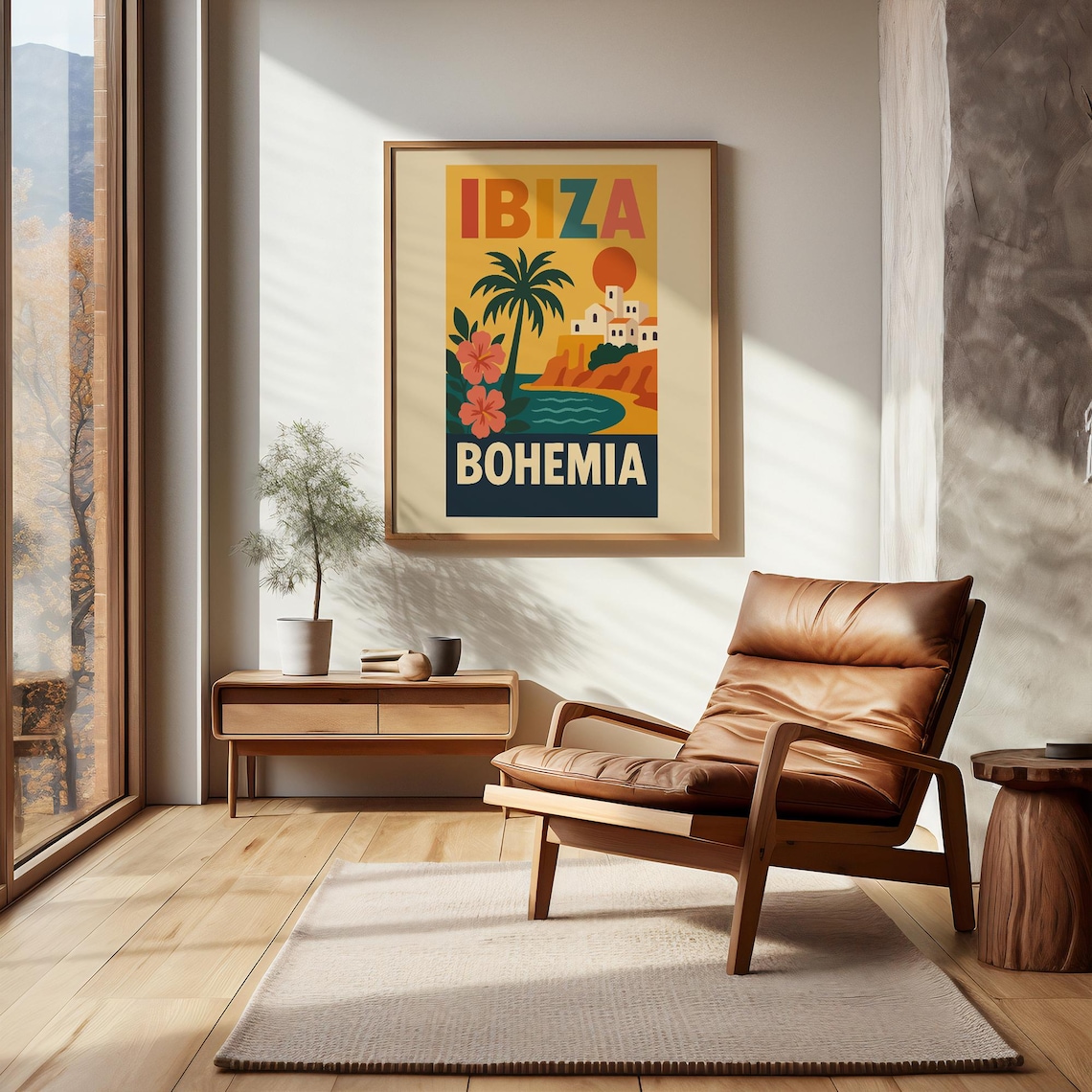 Ibiza Bohemia Retro Travel Poster Palm Village Sunset Island Decor Art