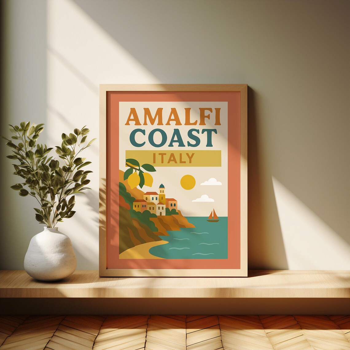 Amalfi Coast Italy Retro Travel Poster Lemon Village Sailboat Sea Art - Image 3