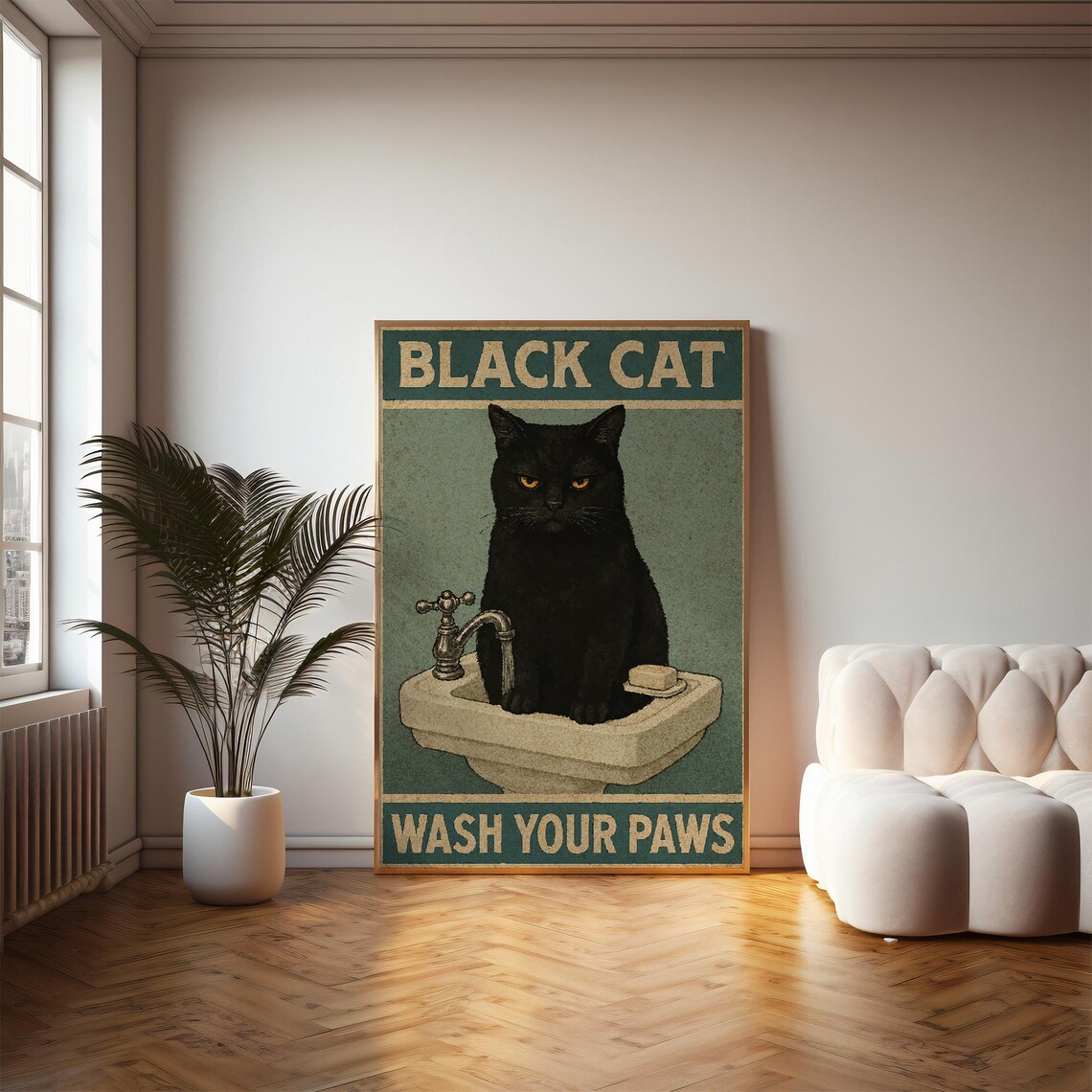 Black Cat Wash Your Paws Retro Funny Bathroom Sink Vintage Decor Poster - Image 4